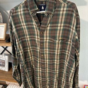 Roundtree & Yorke Green Brown Cream Plaid Button-Down Shirt